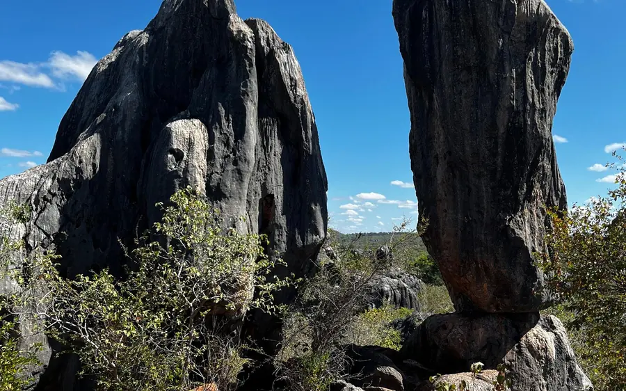 Weathered limestone towers standing above dry outback scrub